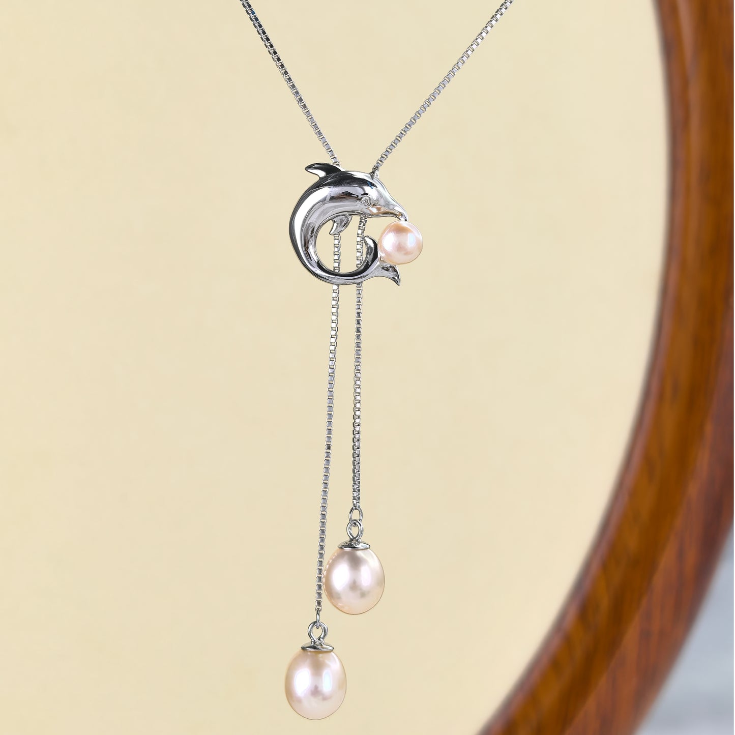 Exquisite Rhodium Plated 925 Silver Jewelry Freshwater Pearl Dolphin Necklace