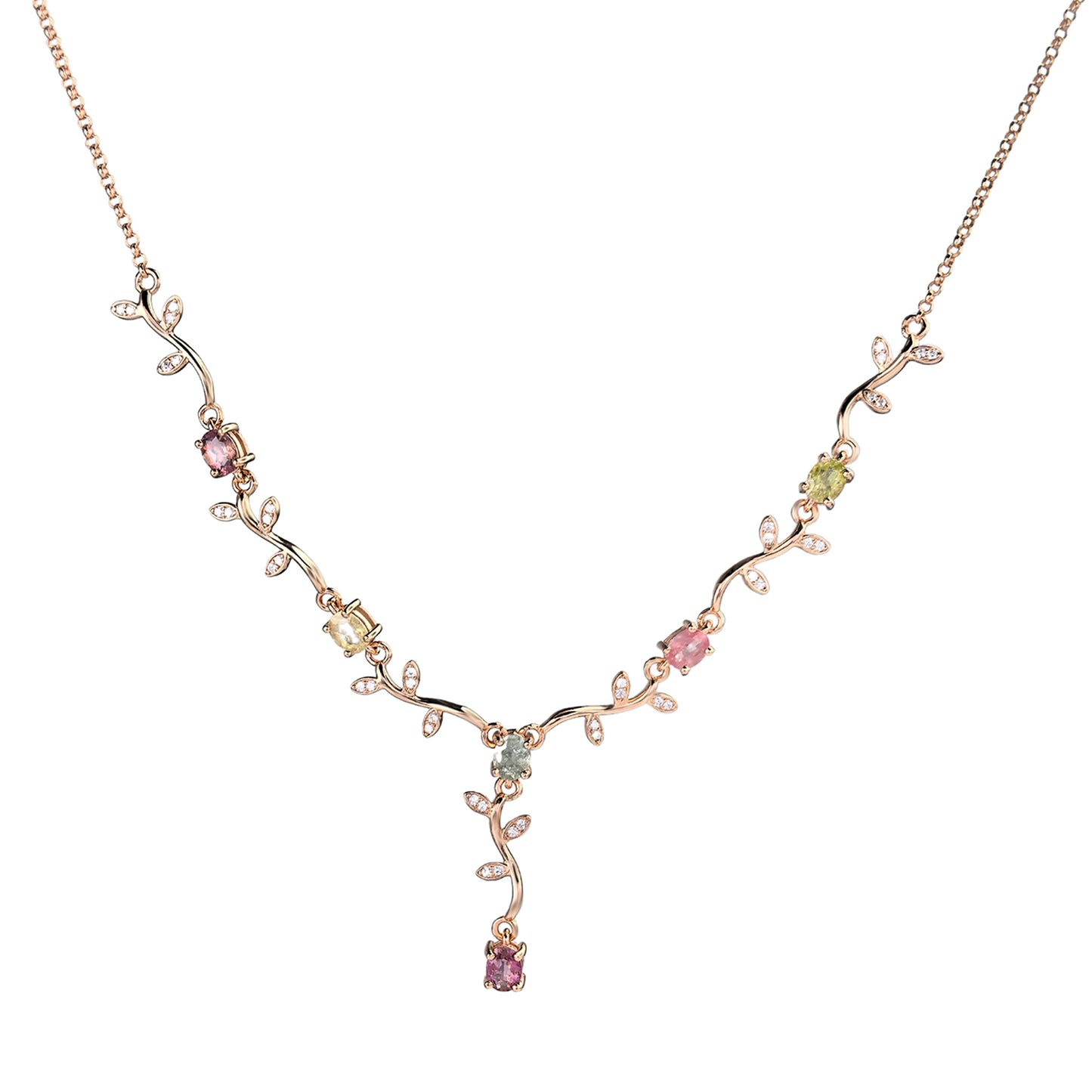 Rhodium/Rose Gold Plated Silver 925 Jewelry Natural Diopside/Tourmaline Flower Necklace