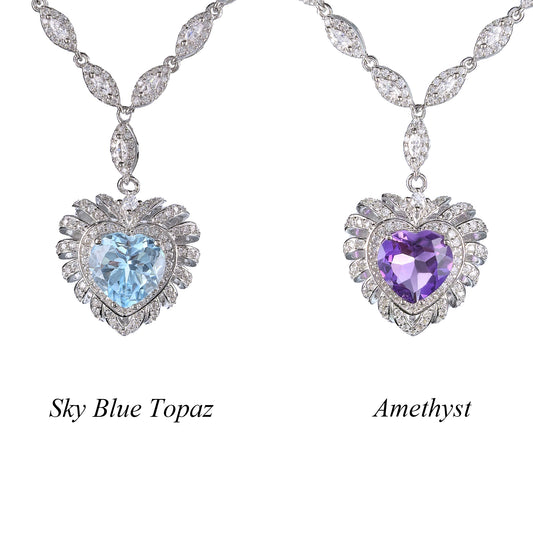 Trendy 925 Silver Necklace Exquisite Rhodium Plated Natural Sky Blue Topaz/Amethyst