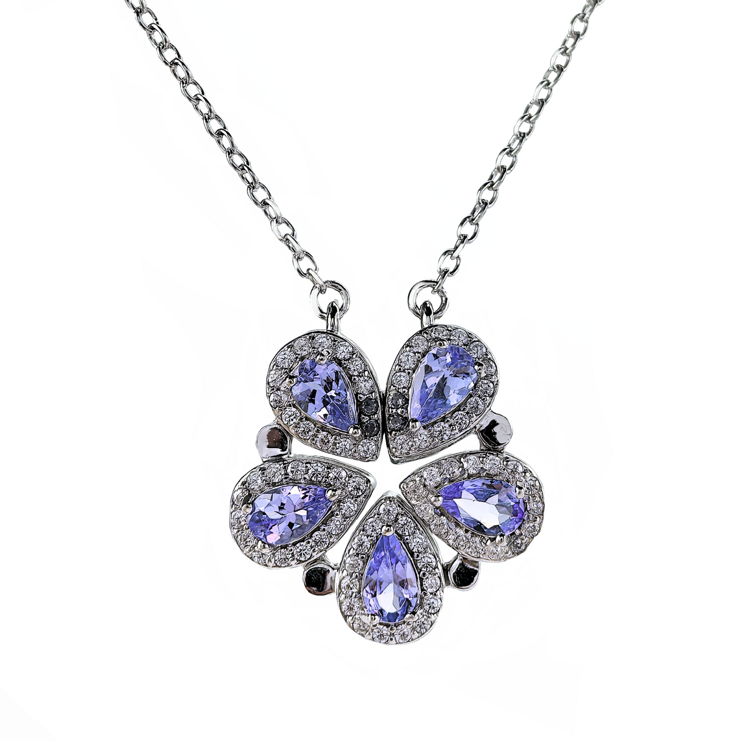 Gorgeous Rhodium Plated Silver 925 Natural Tanzanite Five Leaf Clover Necklace