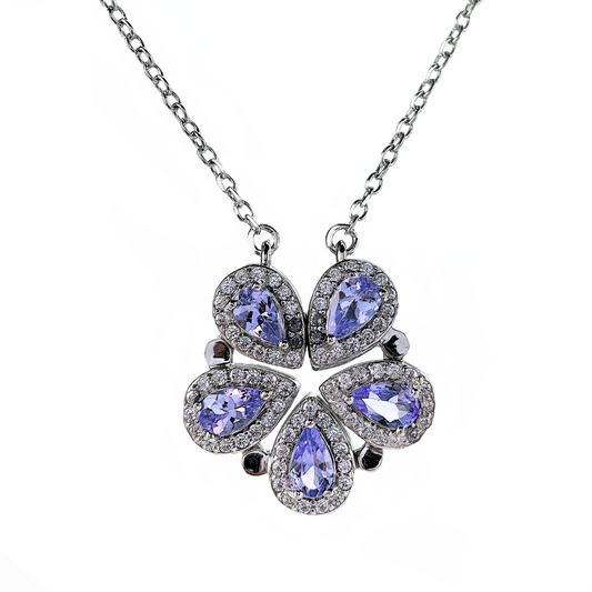 Gorgeous Rhodium Plated Silver 925 Natural Tanzanite Five Leaf Clover Necklace