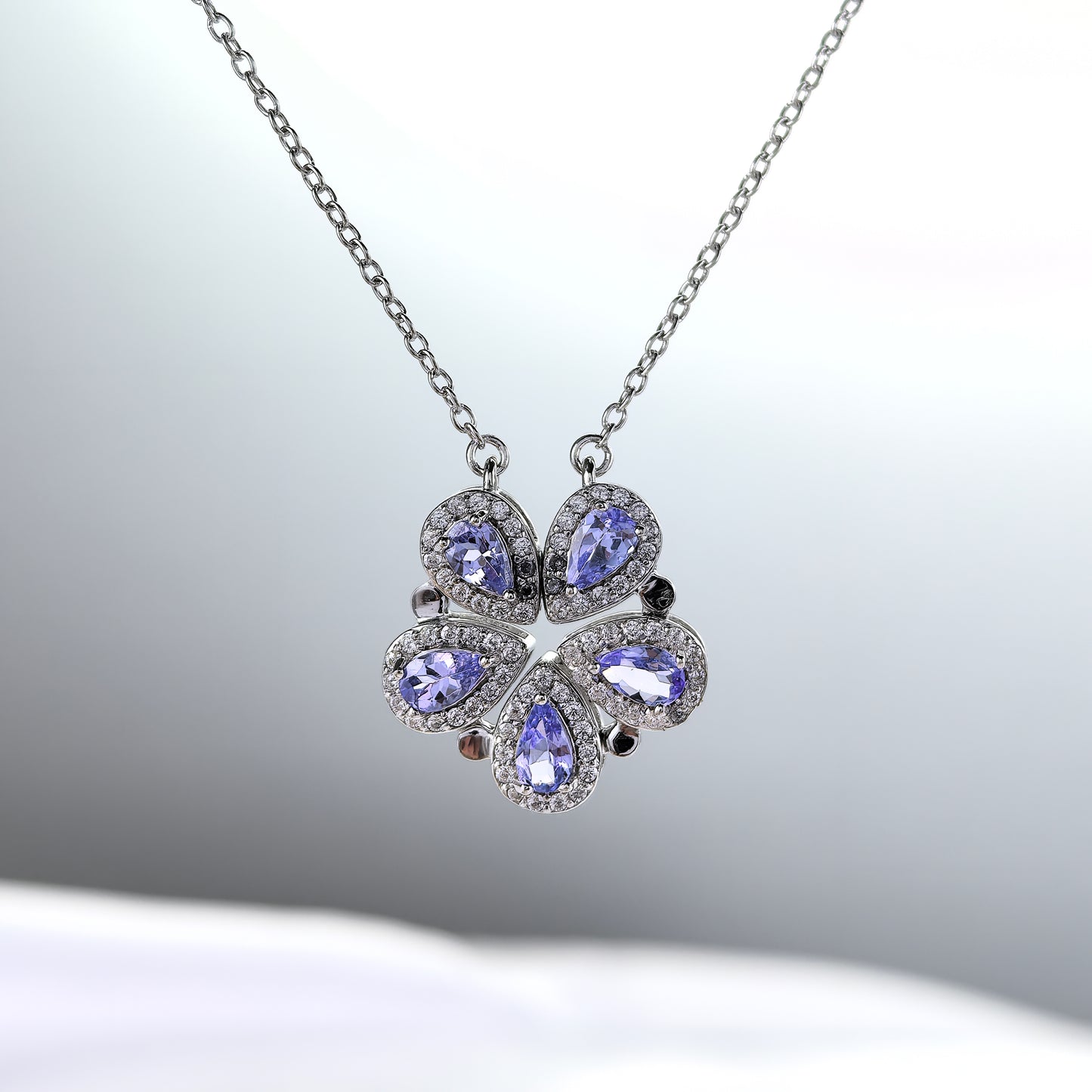 Gorgeous Rhodium Plated Silver 925 Natural Tanzanite Five Leaf Clover Necklace