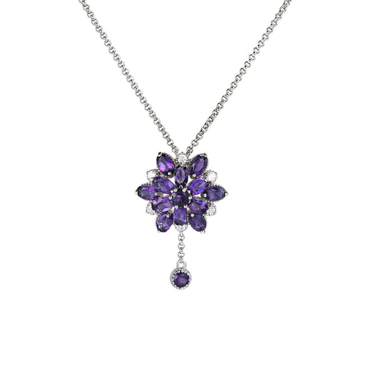 Dazzling Rhodium Plated Silver 925 Jewelry Natural Amethyst Flower Necklace