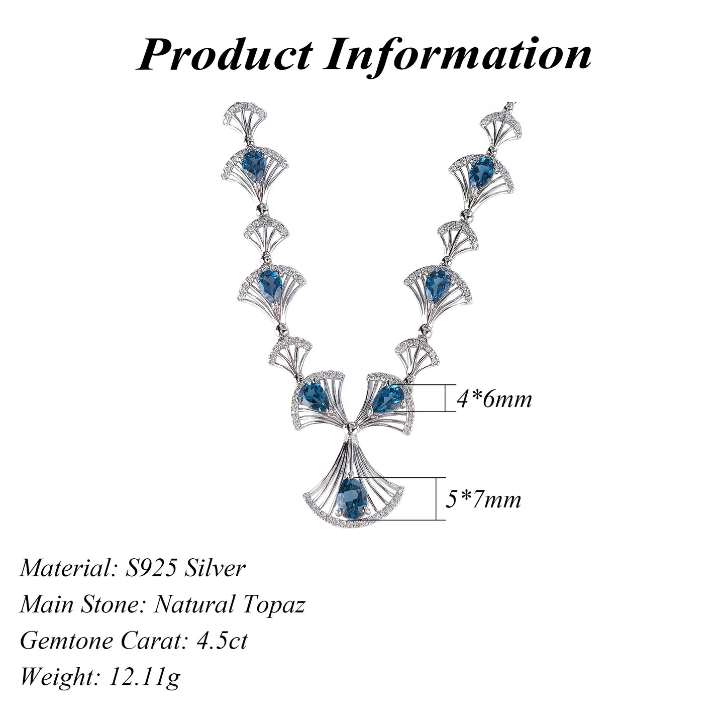 Luxurious Rhodium Plated 925 Sterling Silver Natural London Blue Topaz Scallop Necklace