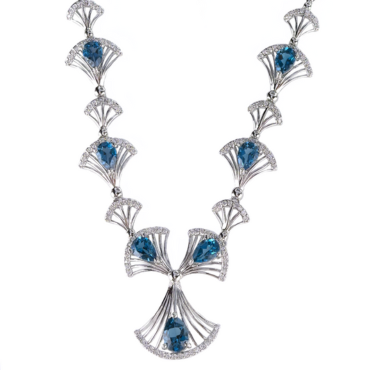 Luxurious Rhodium Plated 925 Sterling Silver Natural London Blue Topaz Scallop Necklace