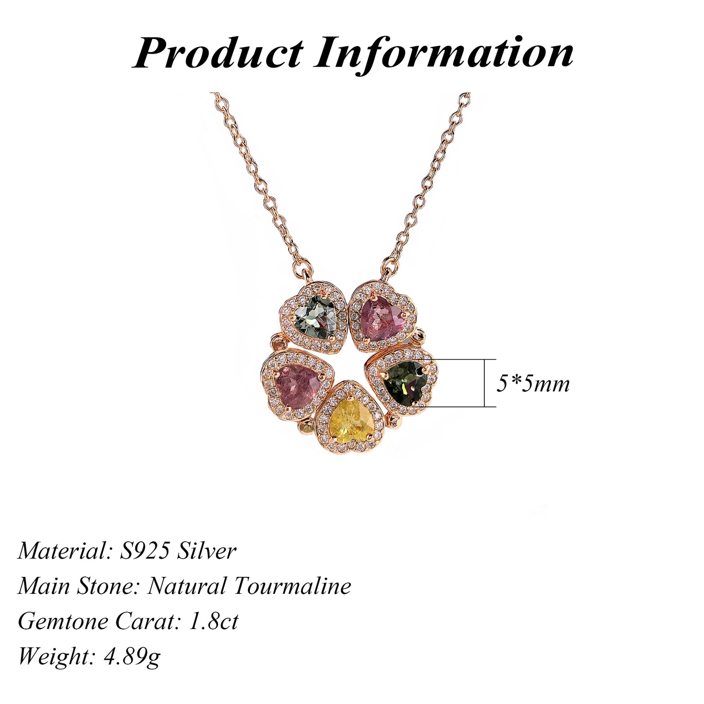 Exquisite Rose Gold Plated Silver 925 Natural Tourmaline Necklace