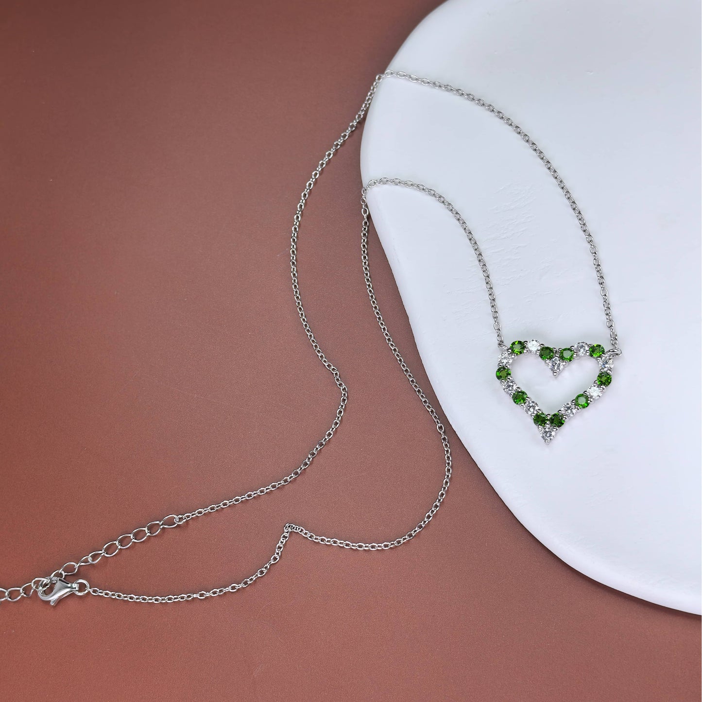Elegant Rhodium Plated 925 Silver Jewelry Natural Diopside Heart Fine Necklace