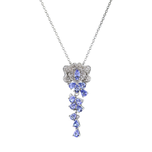 Graceful Rhodium Plated 925 Silver Jewelry Natural Tanzanite Flower Necklace