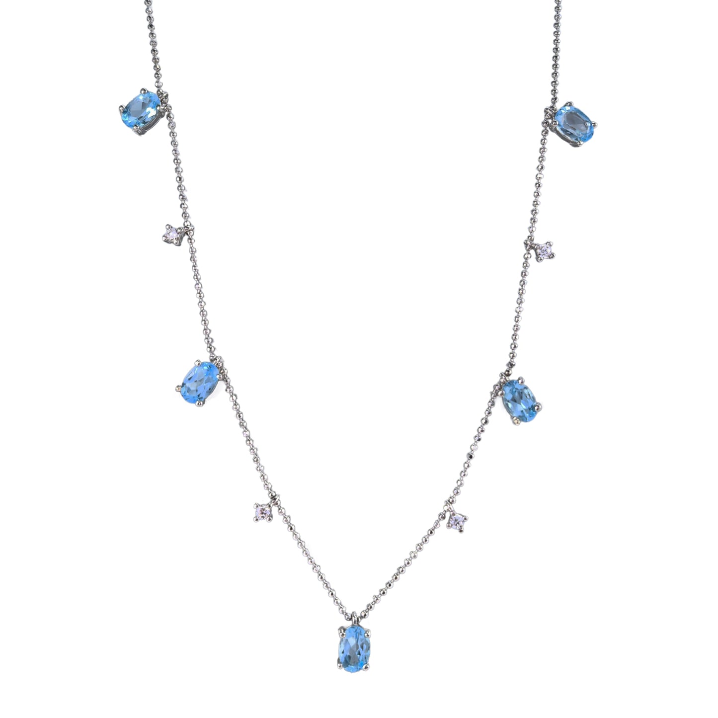 Elegant Rhodium Plated Silver 925 Natural Swiss Blue Topaz/London Blue Topaz Necklace