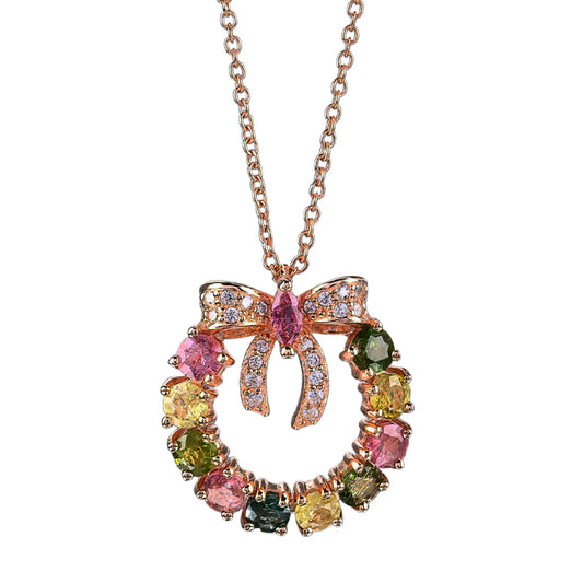 Delicate Rose Gold Plated Silver 925 Jewelry Natural Tourmaline Bow Necklace