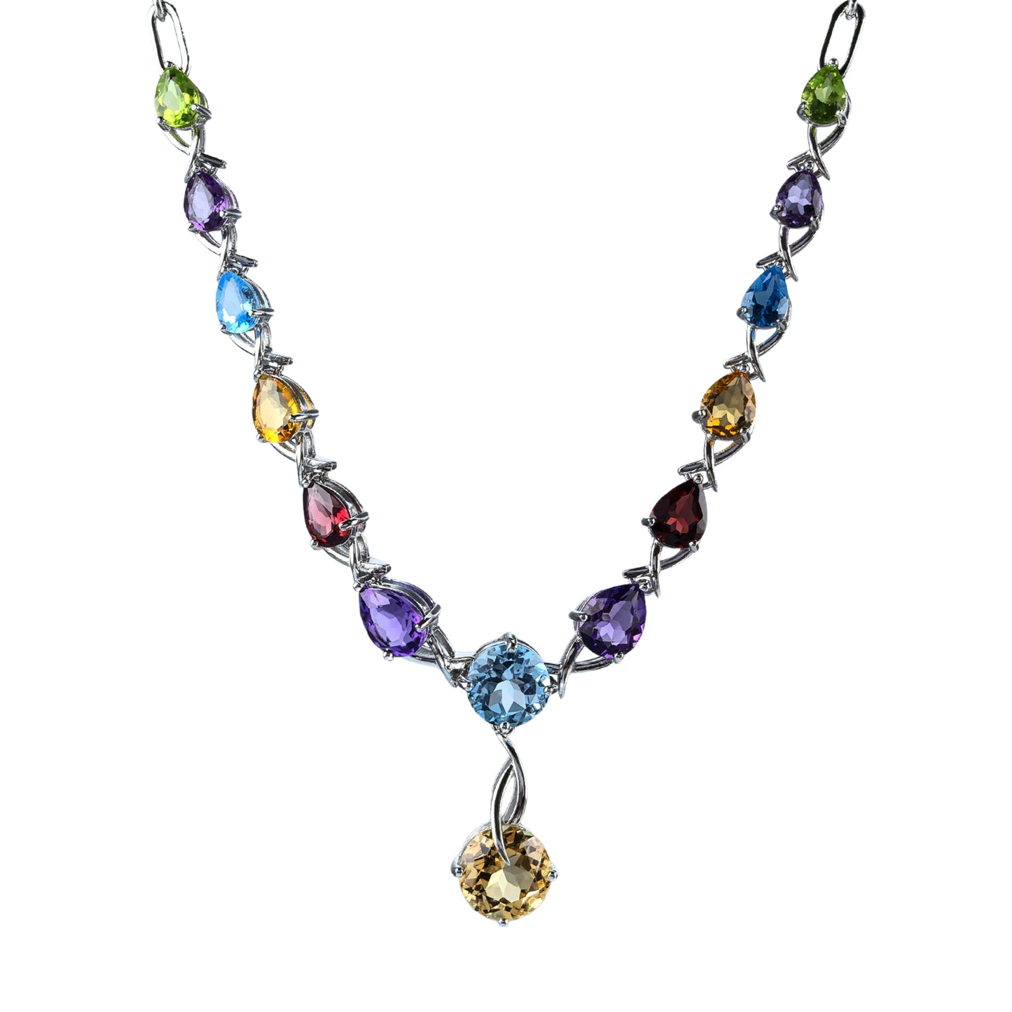 Luxurious Rhodium Plated Silver 925 Jewelry Multiple Natural Gemstone Necklace