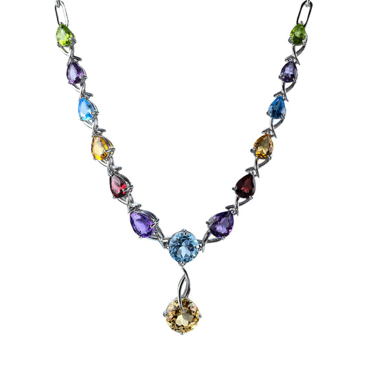 Luxurious Rhodium Plated Silver 925 Jewelry Multiple Natural Gemstone Necklace