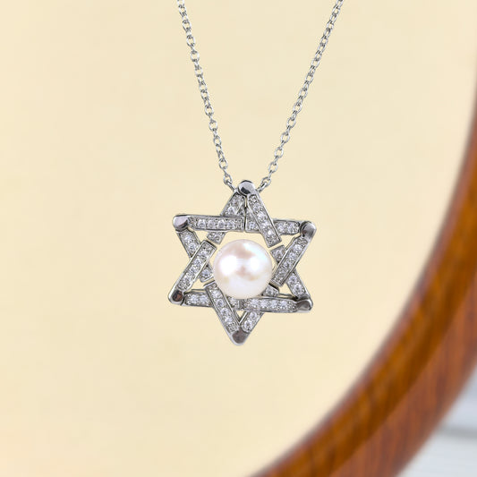 Gorgeous Rhodium Plated 925 Sterling Silver Freshwater Pearl Hexagram Necklace