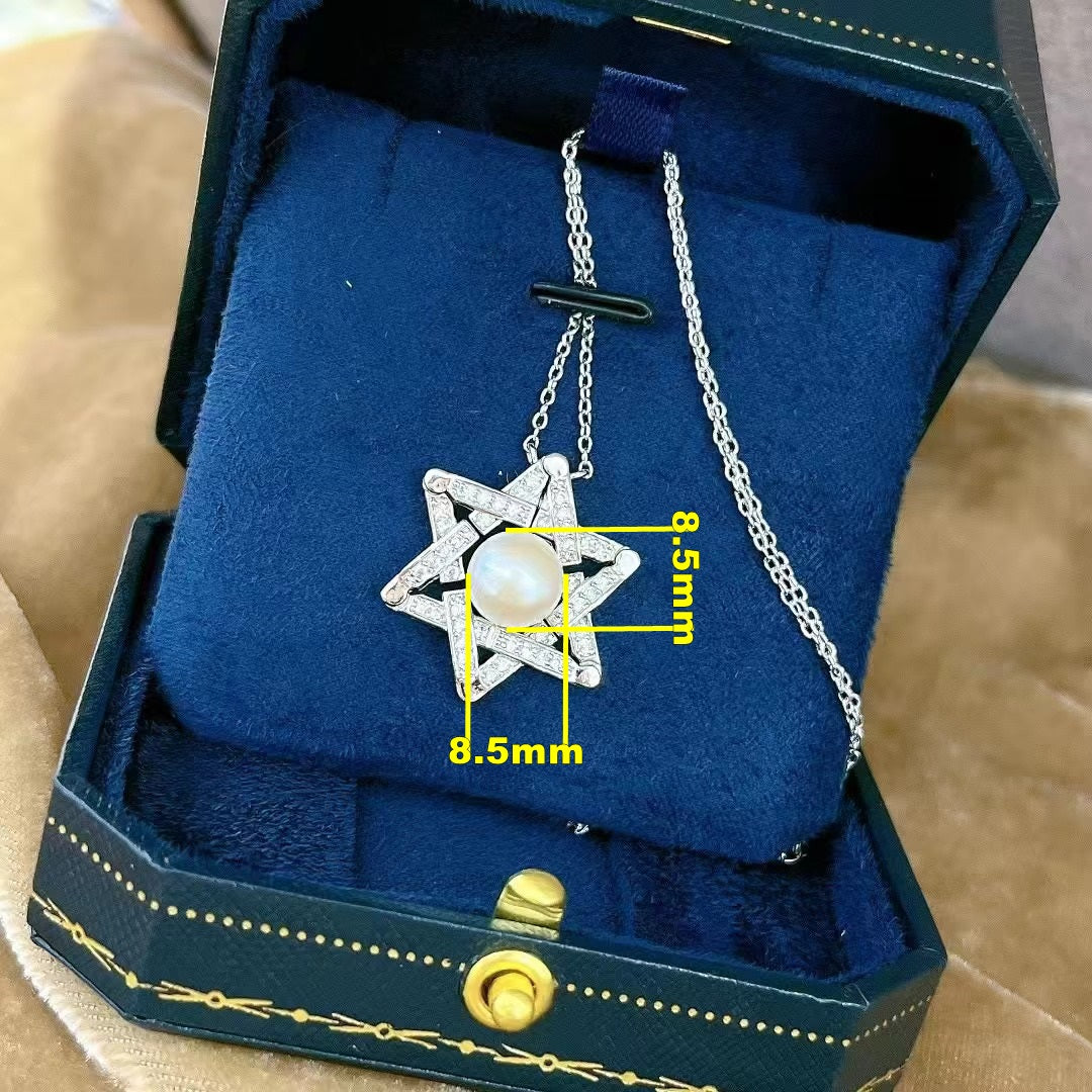 Gorgeous Rhodium Plated 925 Sterling Silver Freshwater Pearl Hexagram Necklace