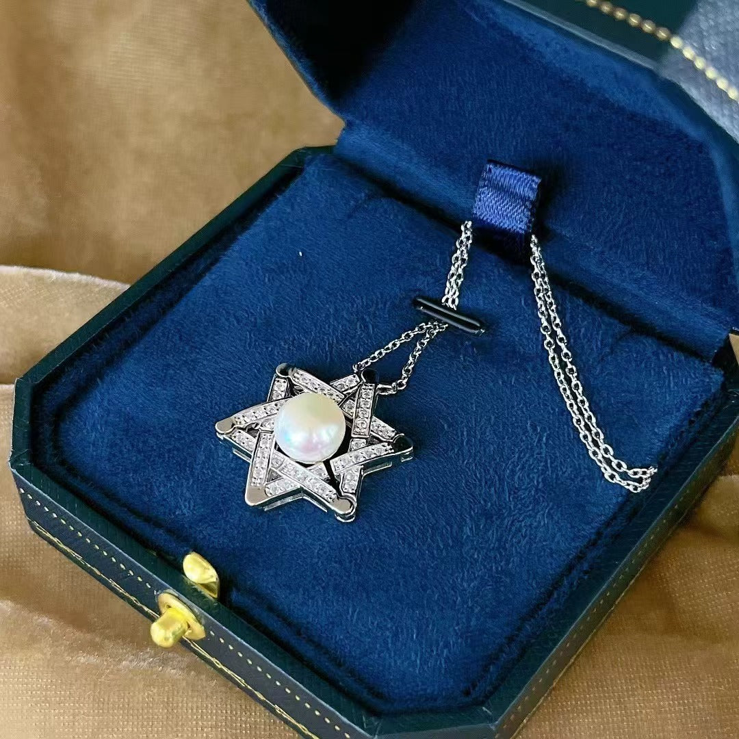 Gorgeous Rhodium Plated 925 Sterling Silver Freshwater Pearl Hexagram Necklace