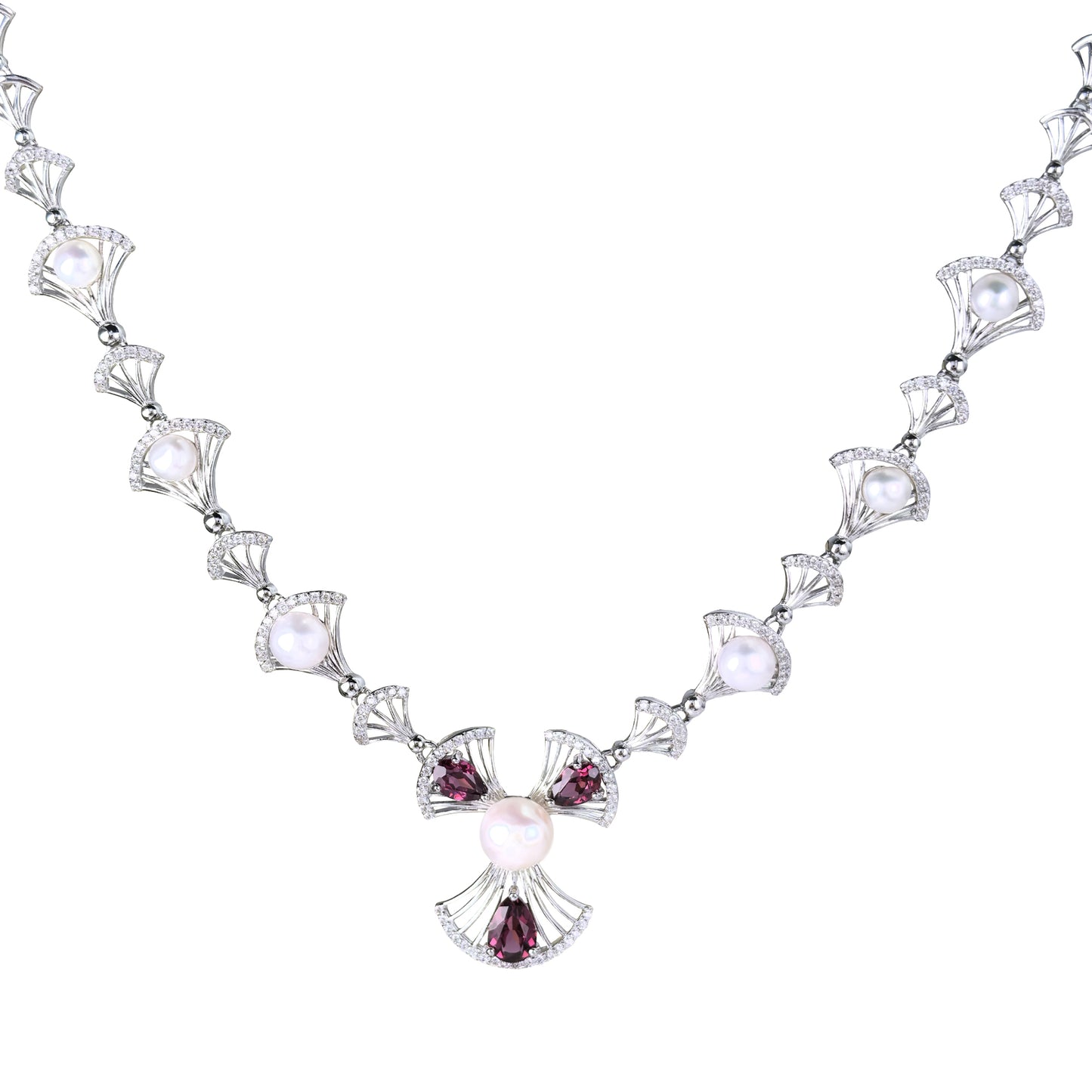 Noble Rhodium Plated 925 Sterling Silver Freshwater Pearl Scallop Necklace
