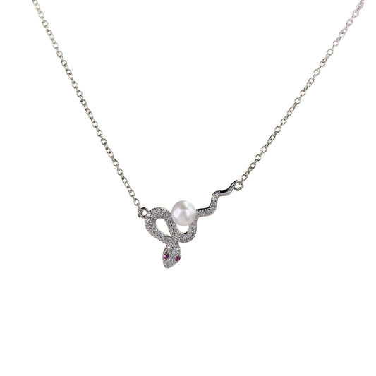 Gorgeous Rhodium Plated 925 Sterling Silver Freshwater Pearl Snake Necklace