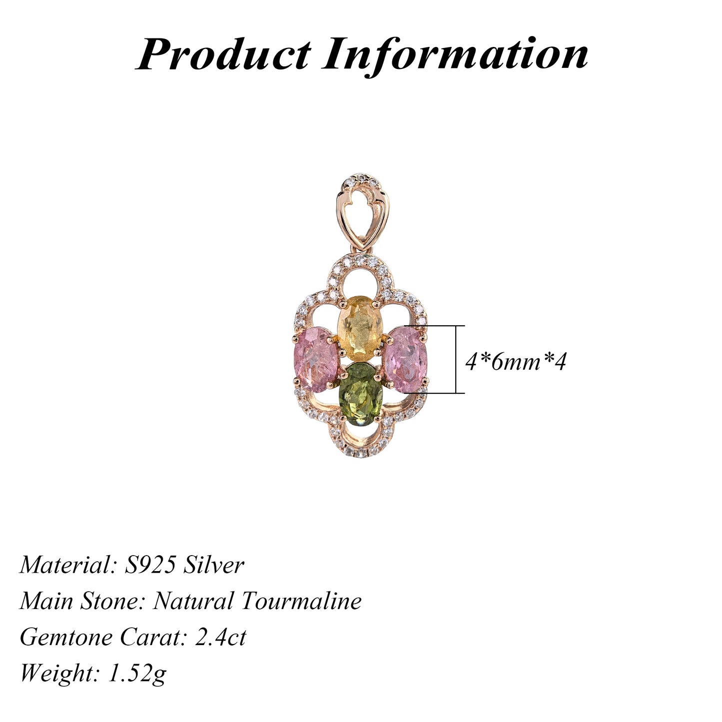 Gorgeous Rose Gold Plated 925 Sterling Silver Natural Tourmaline Pendant