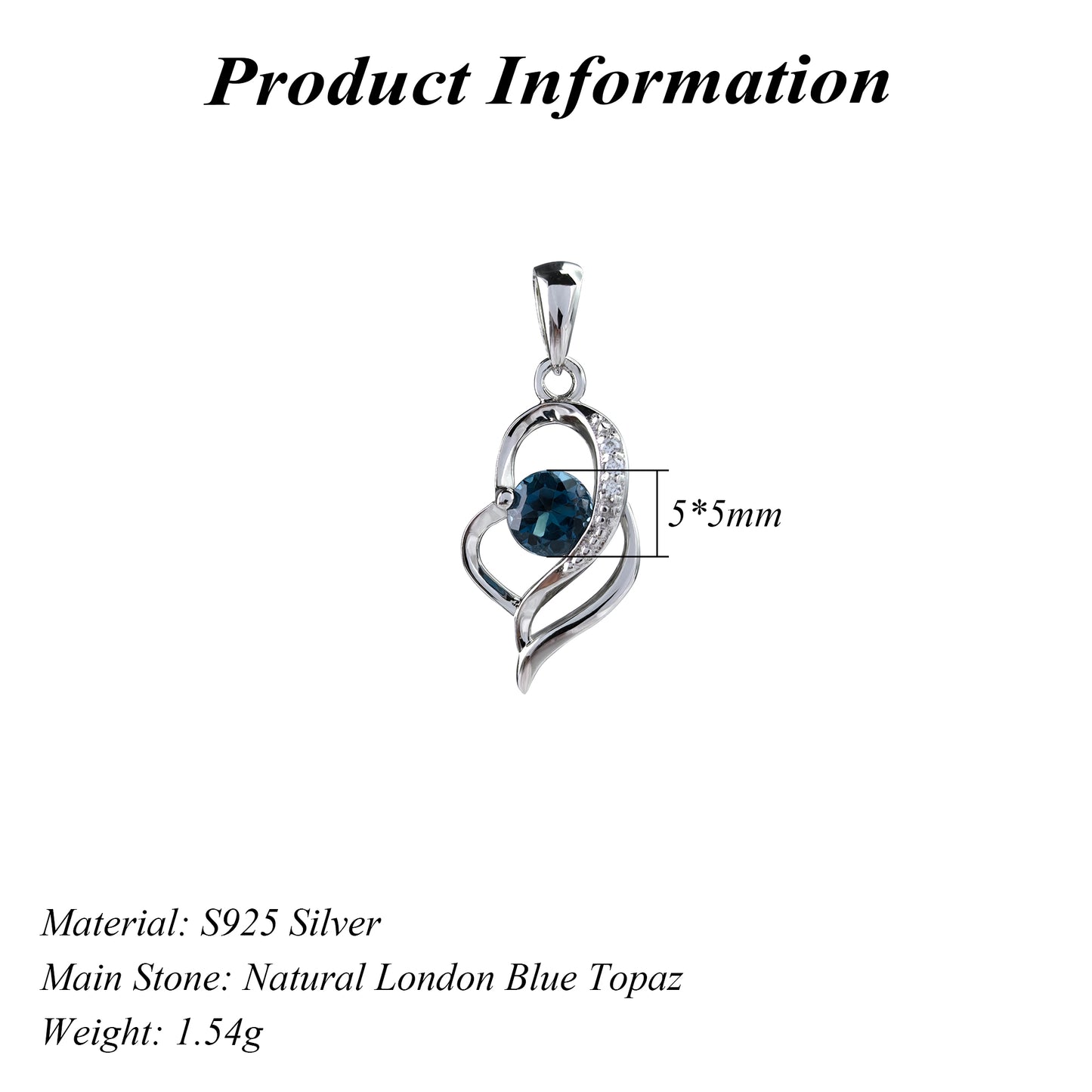 Charming Rhodium Plated Silver 925 Natural London Blue Topaz Heart Pendant