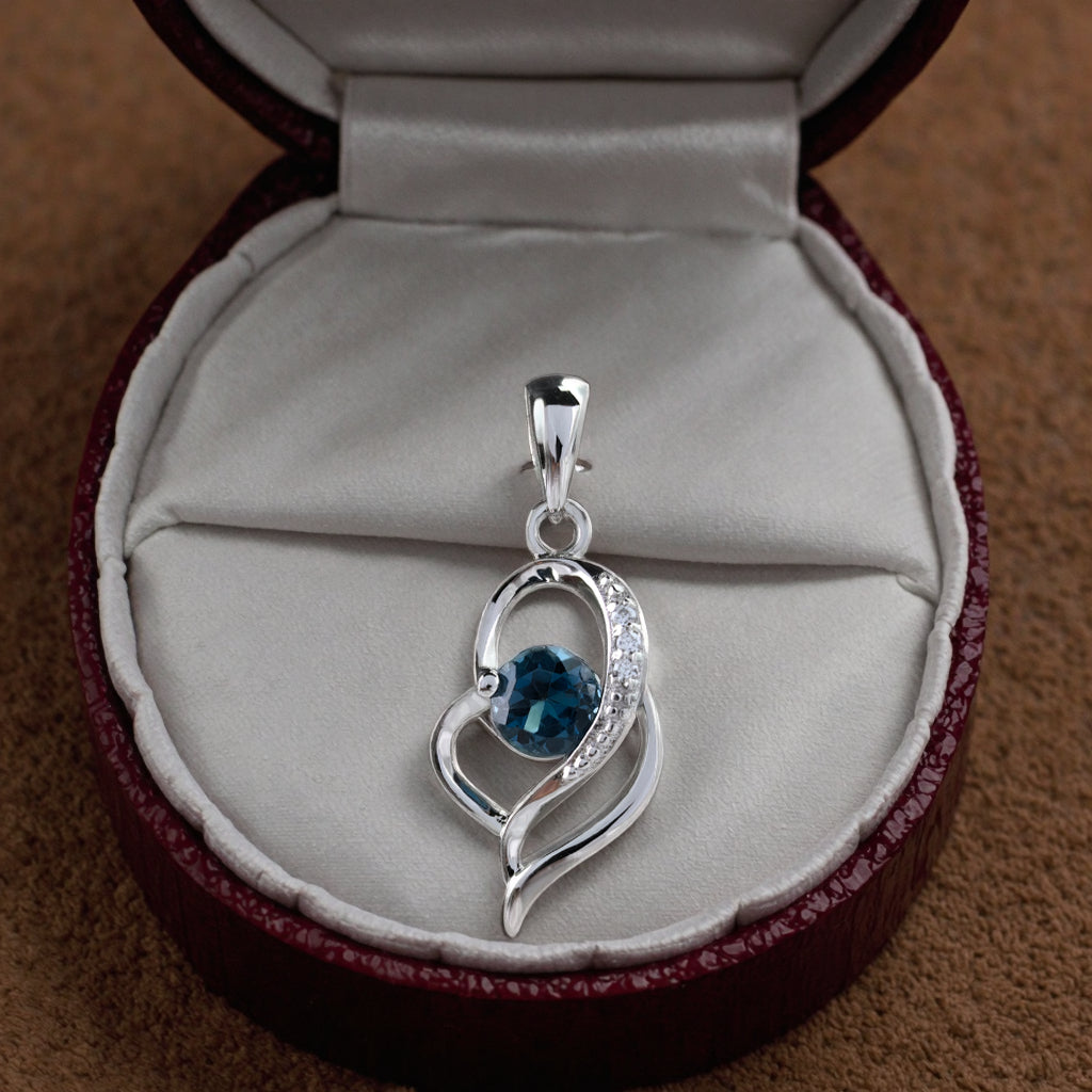 Charming Rhodium Plated Silver 925 Natural London Blue Topaz Heart Pendant