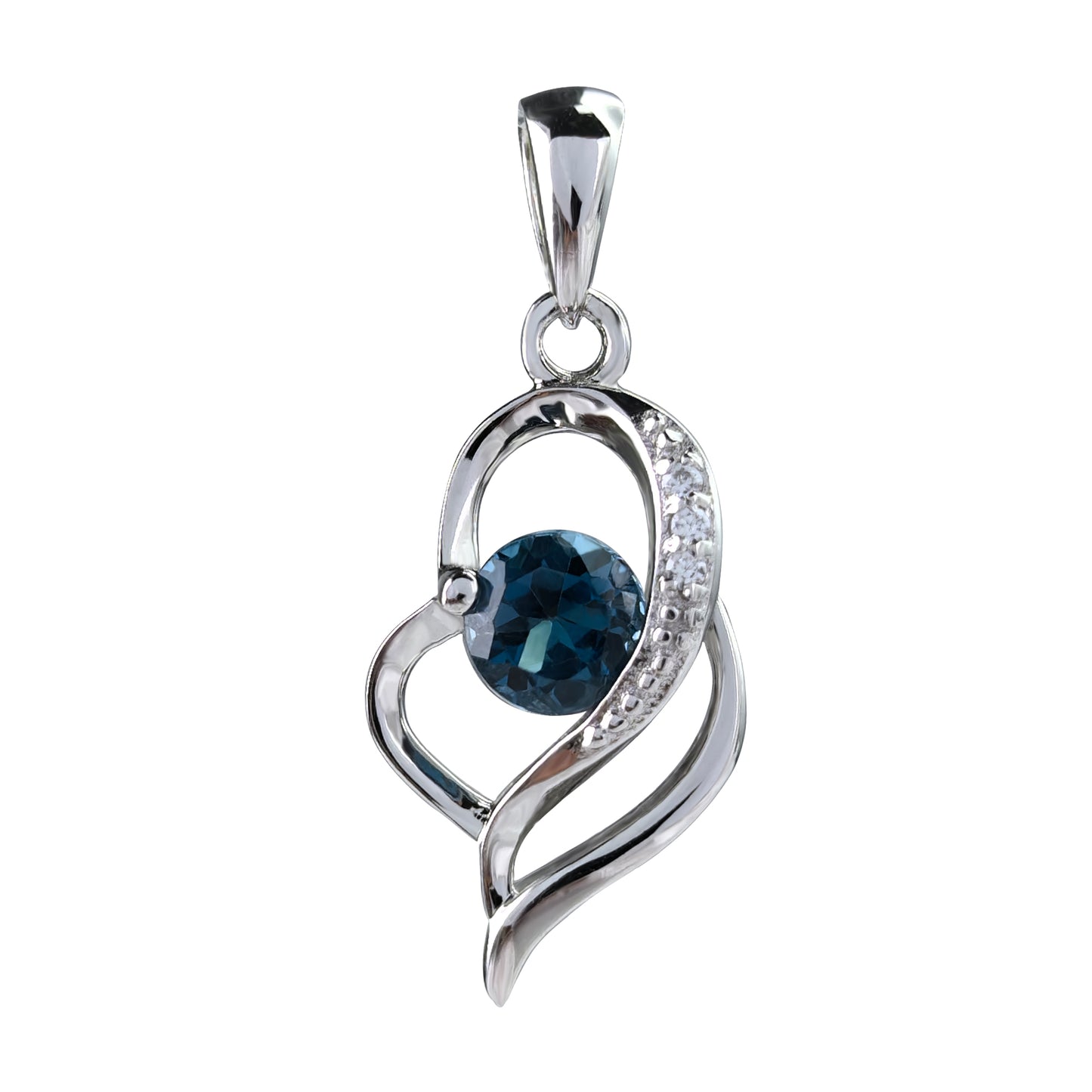 Charming Rhodium Plated Silver 925 Natural London Blue Topaz Heart Pendant