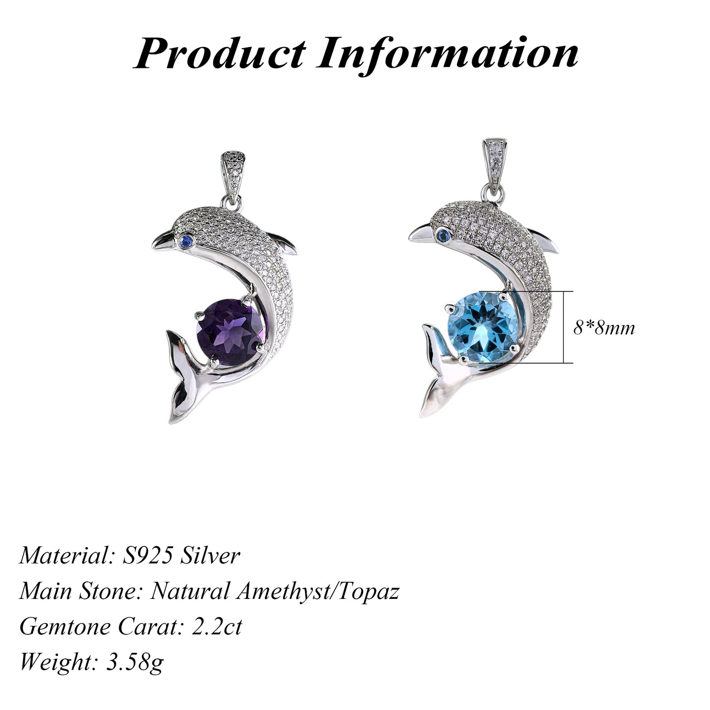 Delicate Rhodium Plated 925 Sterling Silver Natural Amethyst/Swiss Blue Topaz Dolphin Pendant