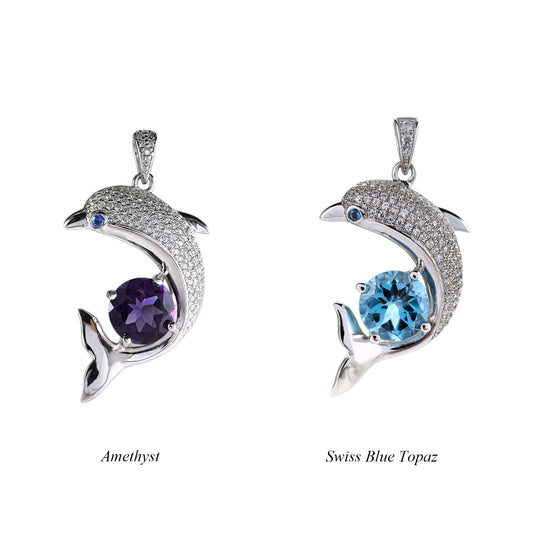 Delicate Rhodium Plated 925 Sterling Silver Natural Amethyst/Swiss Blue Topaz Dolphin Pendant