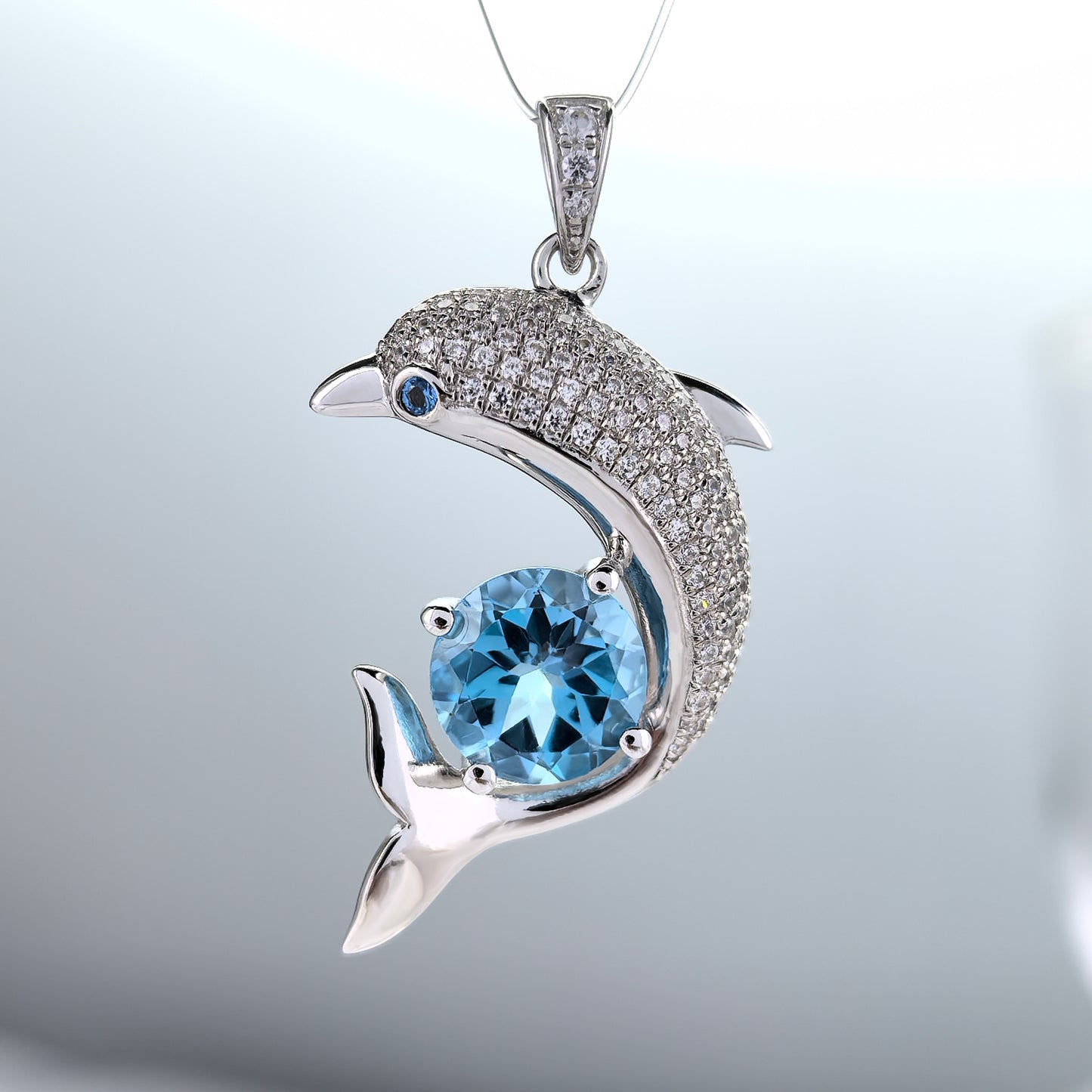 Delicate Rhodium Plated 925 Sterling Silver Natural Amethyst/Swiss Blue Topaz Dolphin Pendant
