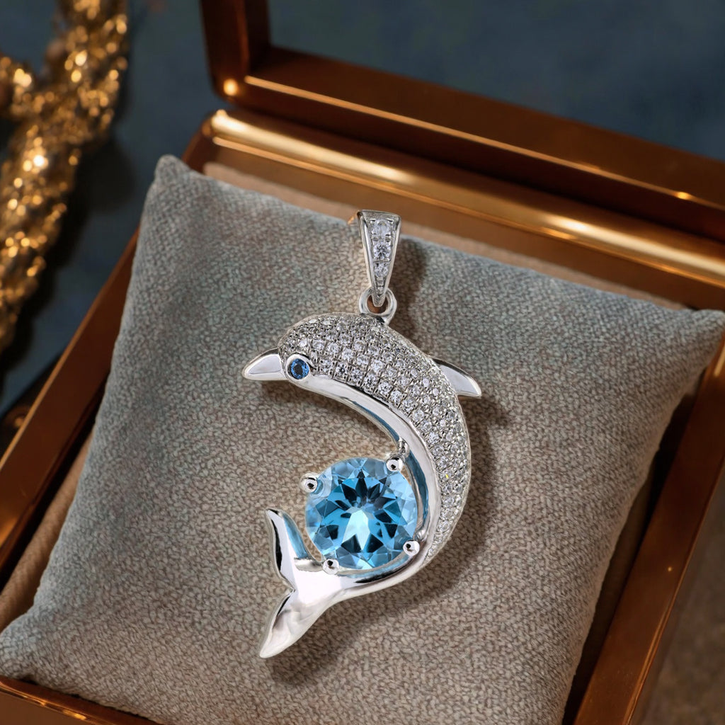 Delicate Rhodium Plated 925 Sterling Silver Natural Amethyst/Swiss Blue Topaz Dolphin Pendant