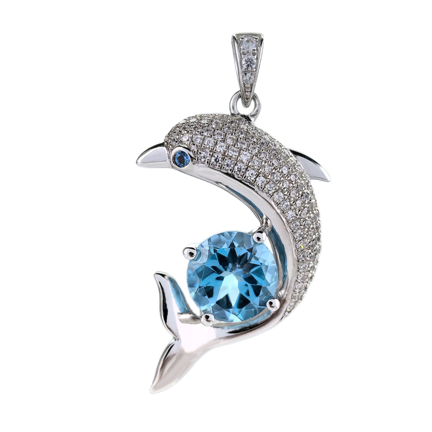 Delicate Rhodium Plated 925 Sterling Silver Natural Amethyst/Swiss Blue Topaz Dolphin Pendant