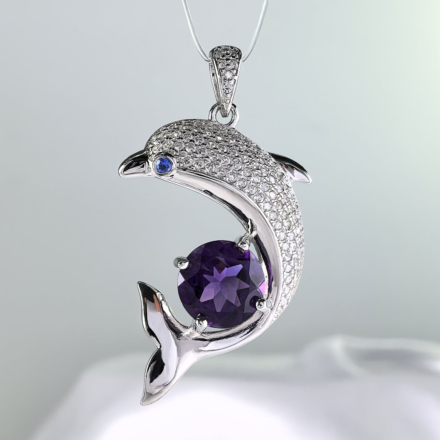 Delicate Rhodium Plated 925 Sterling Silver Natural Amethyst/Swiss Blue Topaz Dolphin Pendant