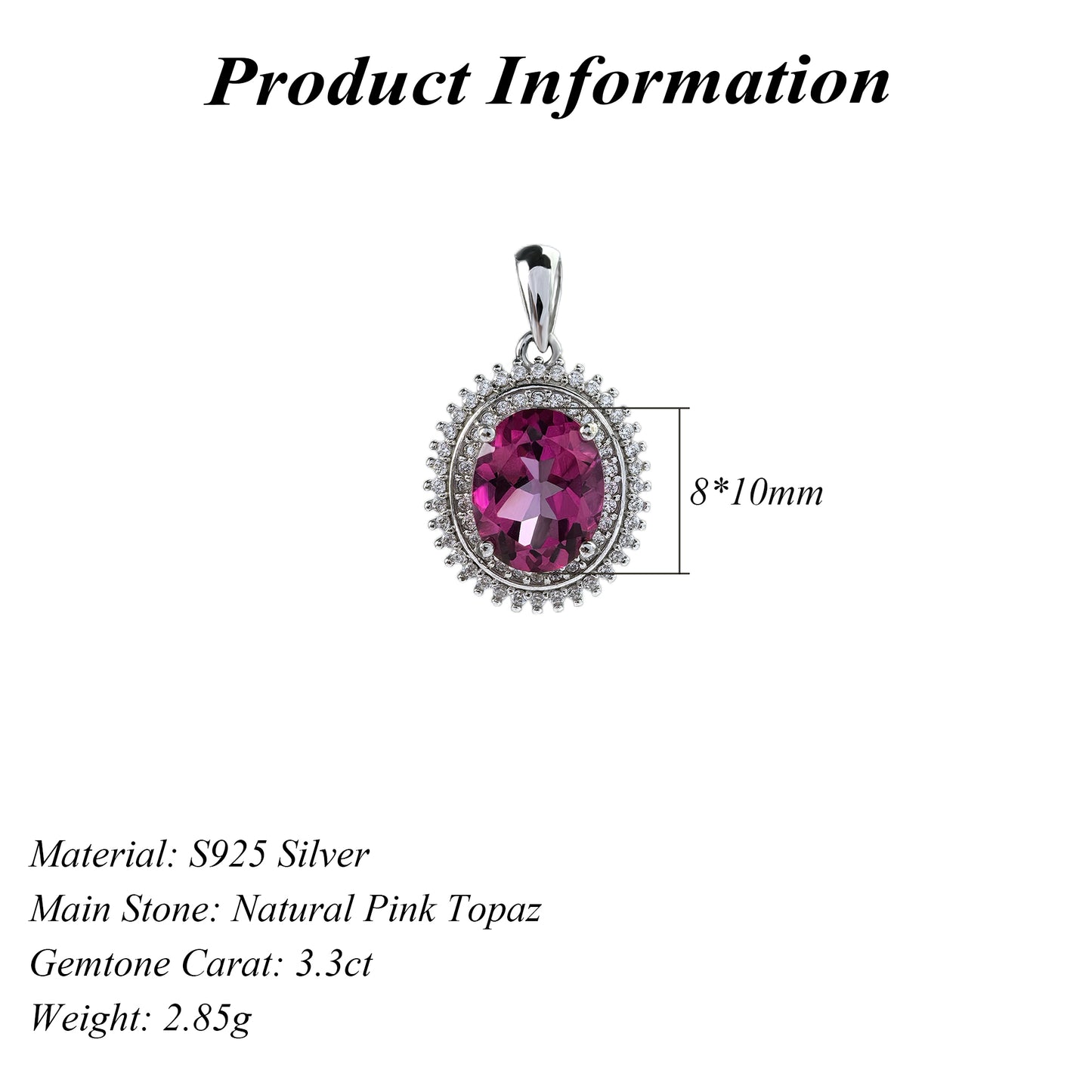 Noble Rhodium Plated 925 Sterling Silver Natural Pink Topaz Pendant