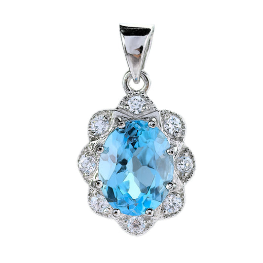 Sparkling Rhodium Plated Silver 925 Natural Swiss Blue Topaz Flower Pendant