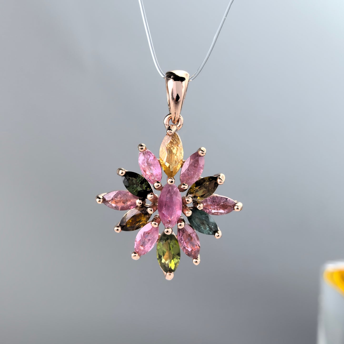 Elegant Rose Gold Plated 925 Sterling Silver Natural Tourmaline Flower Pendant