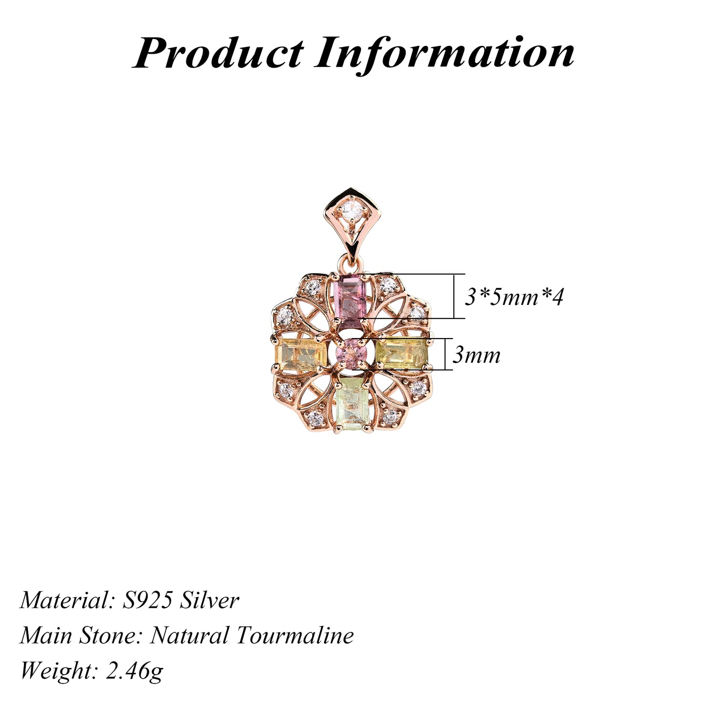 Gorgeous Rose Gold Plated Silver 925 Jewelry Natural Tourmaline Pendant