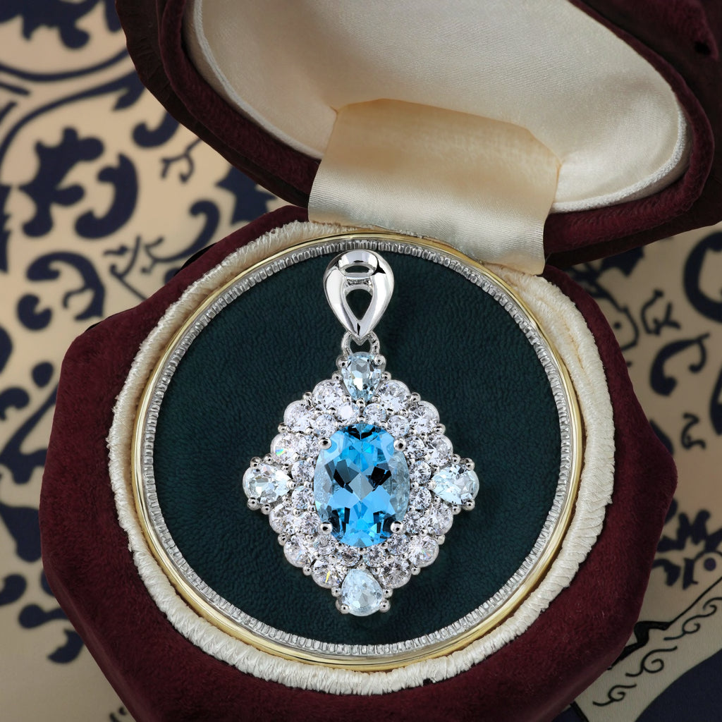 Dazzling Rhodium Plated 925 Sterling Silver for Swiss Blue Topaz Pendant