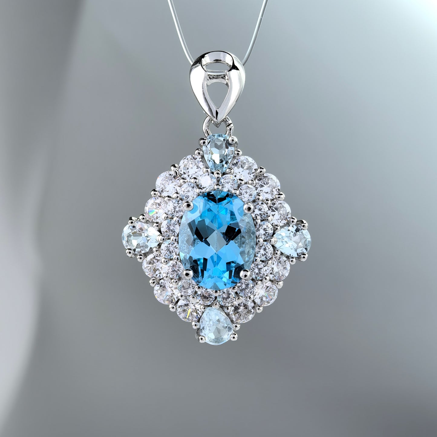 Dazzling Rhodium Plated 925 Sterling Silver for Swiss Blue Topaz Pendant