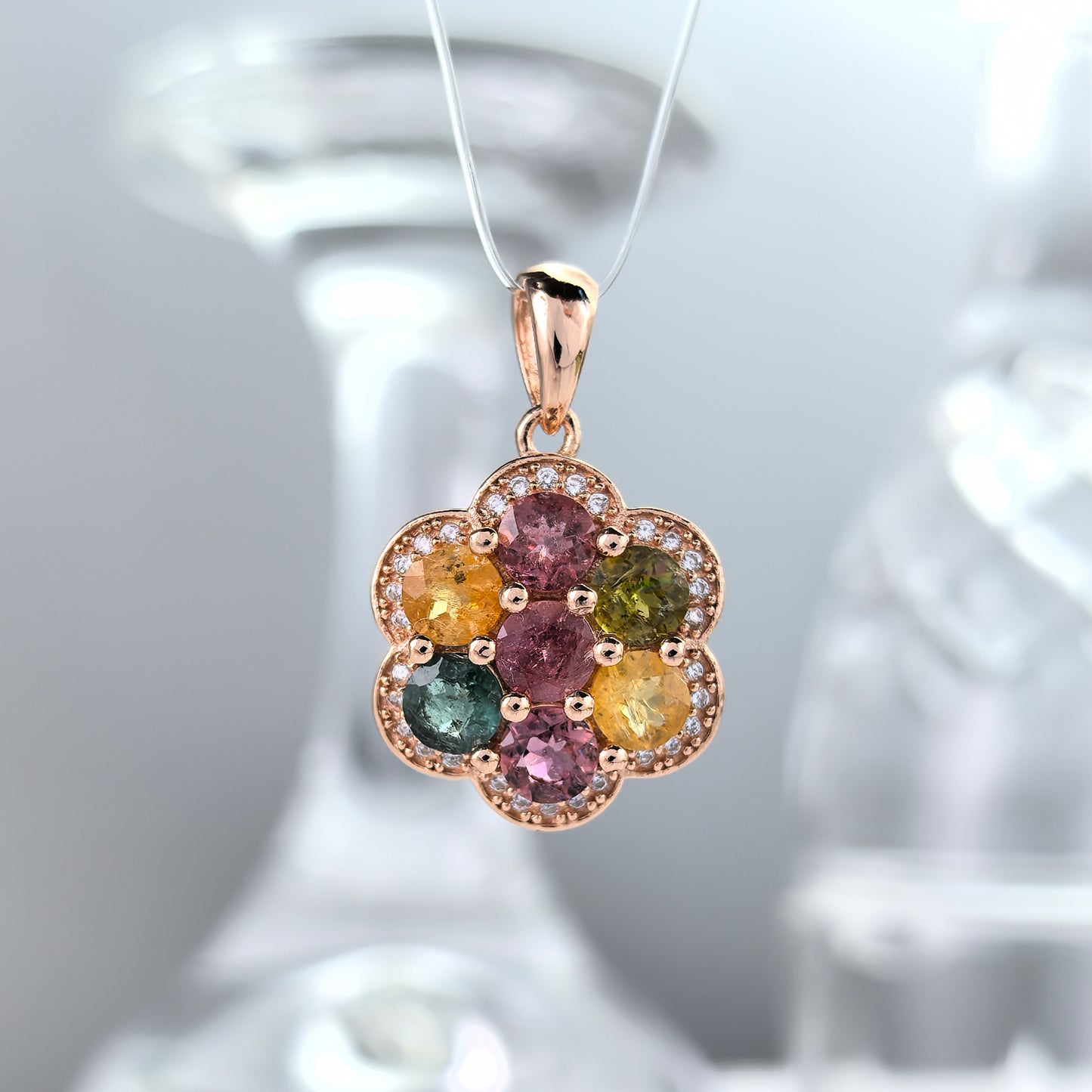 Elegant Rose Gold Plated 925 Silver Natural Tourmaline Flower Pendant
