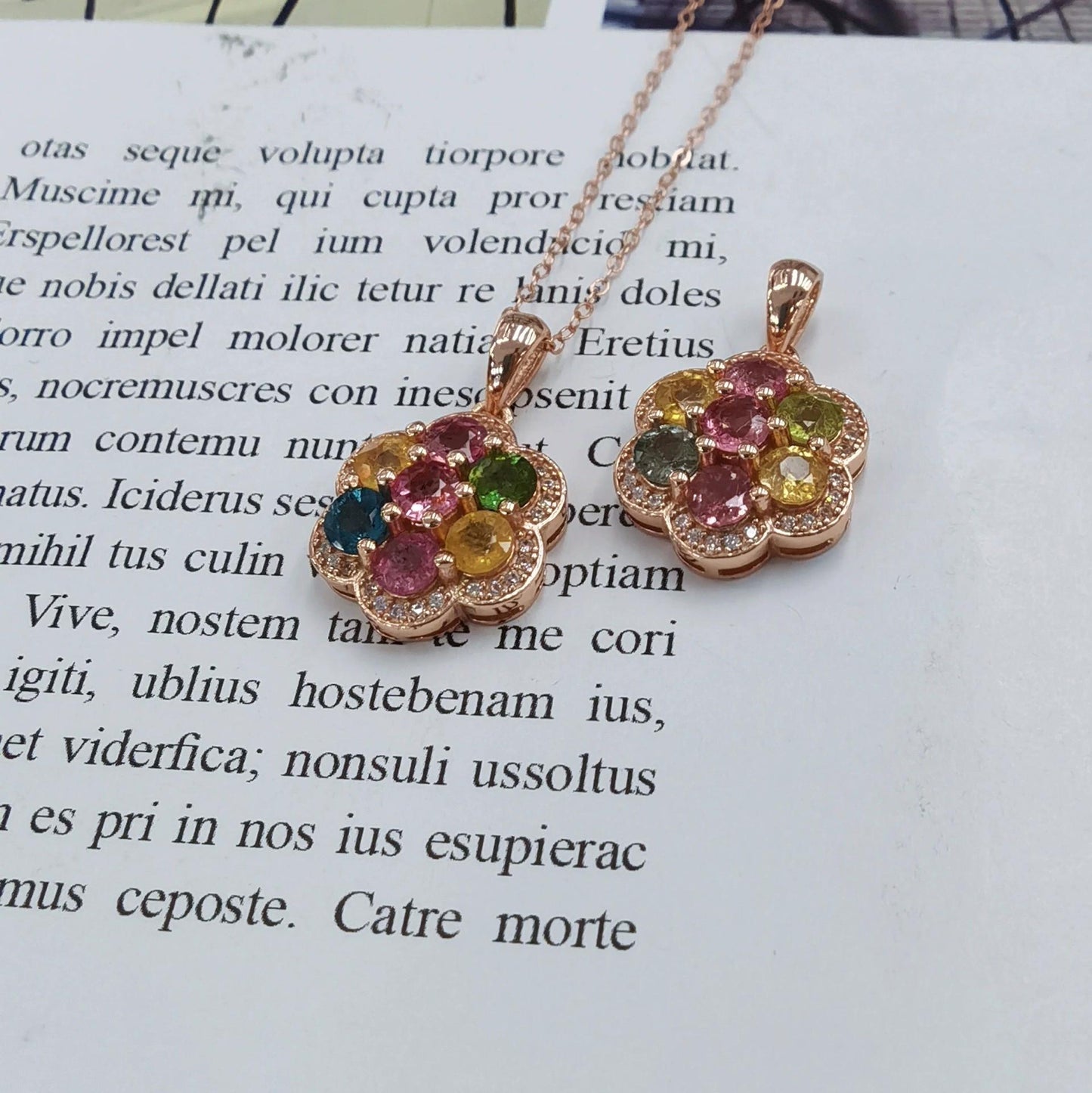 Elegant Rose Gold Plated 925 Silver Natural Tourmaline Flower Pendant
