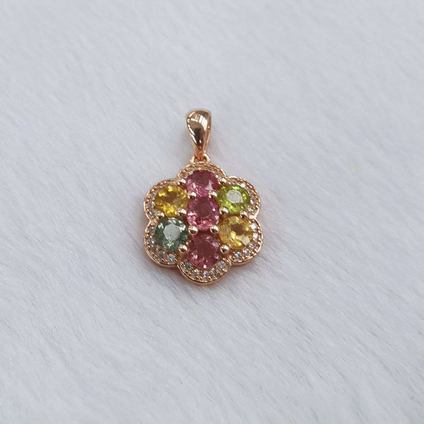 Elegant Rose Gold Plated 925 Silver Natural Tourmaline Flower Pendant