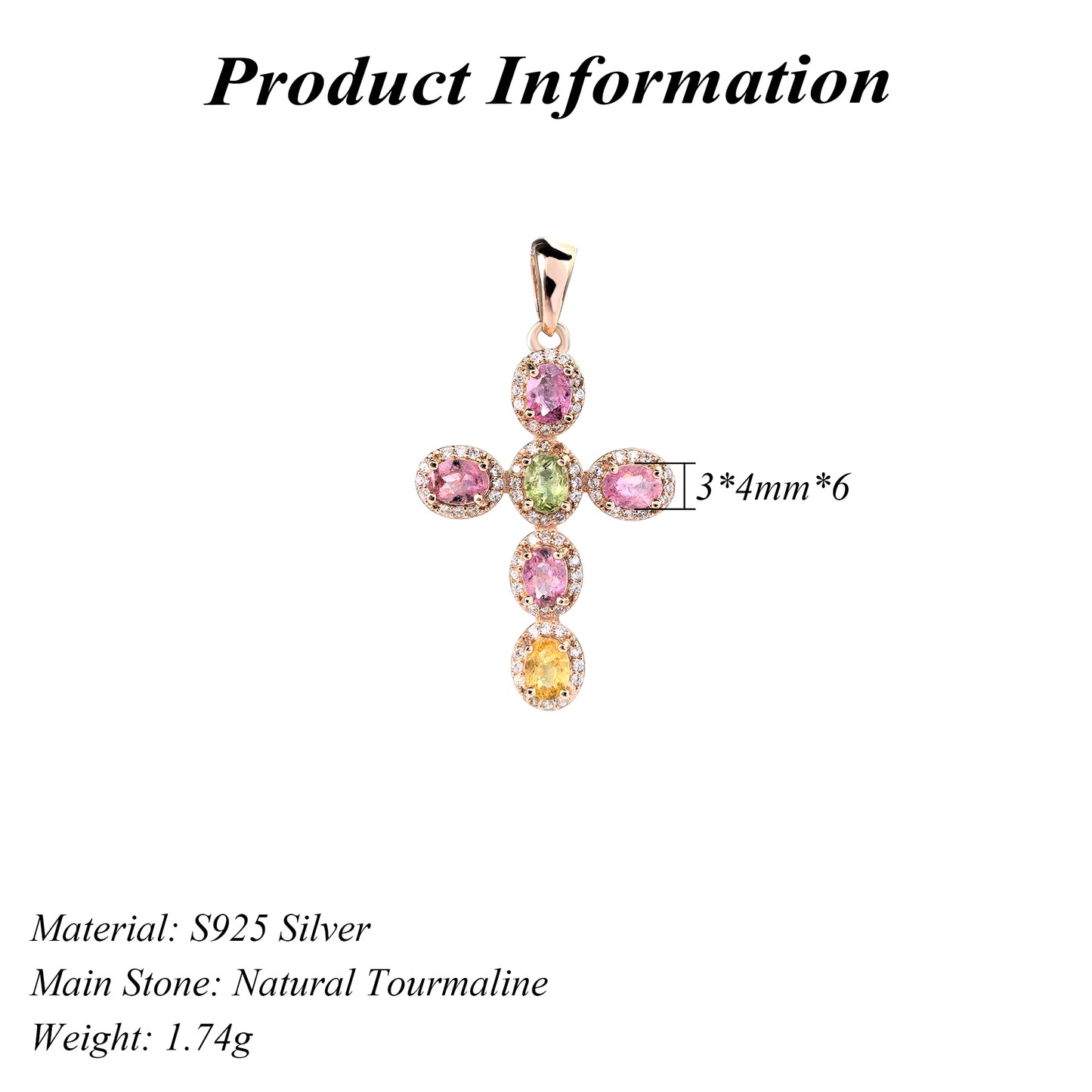 Trendy Rose Gold Plated 925 Sterling Silver Natural Tourmaline Cross Pendant