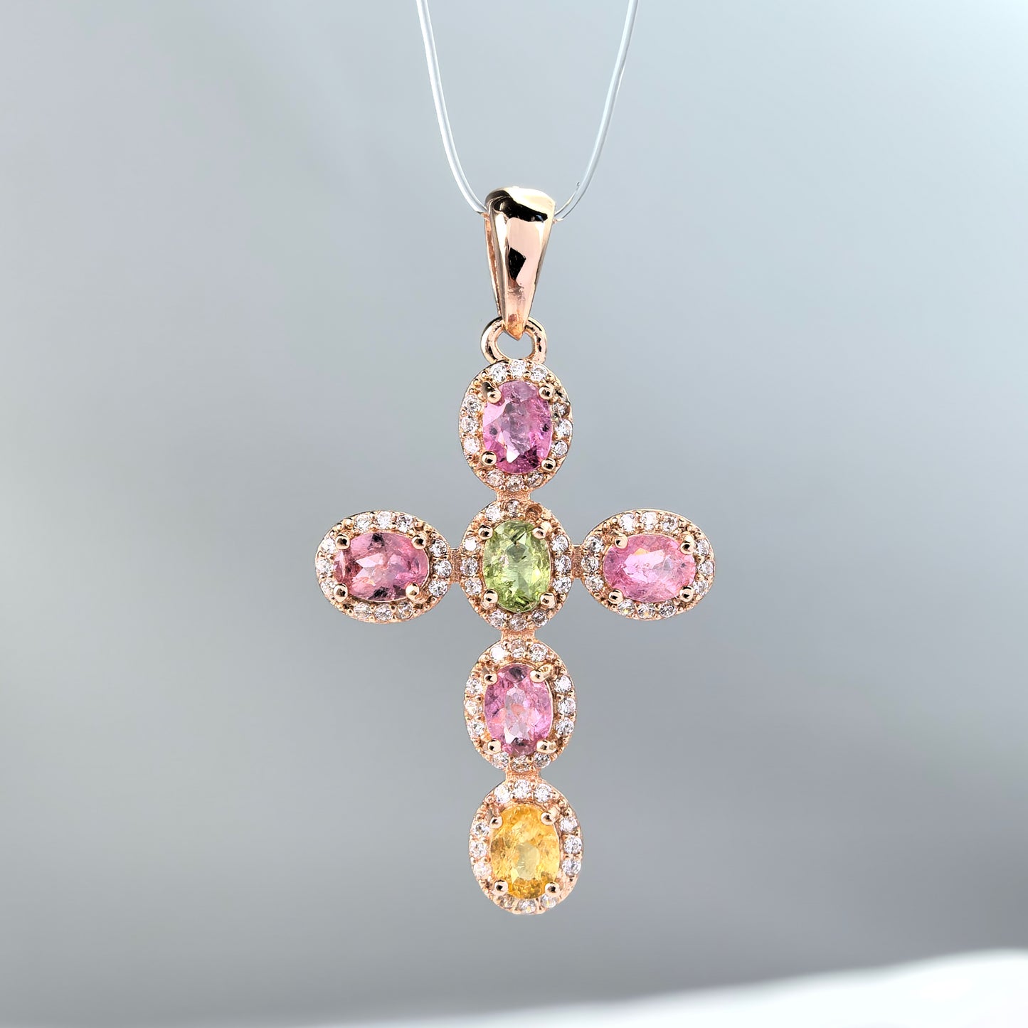 Trendy Rose Gold Plated 925 Sterling Silver Natural Tourmaline Cross Pendant
