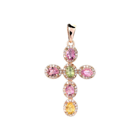 Trendy Rose Gold Plated 925 Sterling Silver Natural Tourmaline Cross Pendant