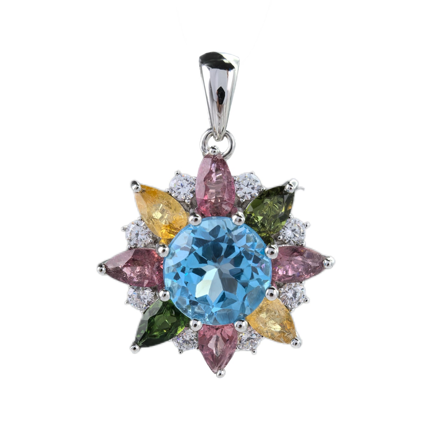 Graceful Rhodium Plated 925 Sterling Silver Natural Swiss Blue Topaz Flower Pendant