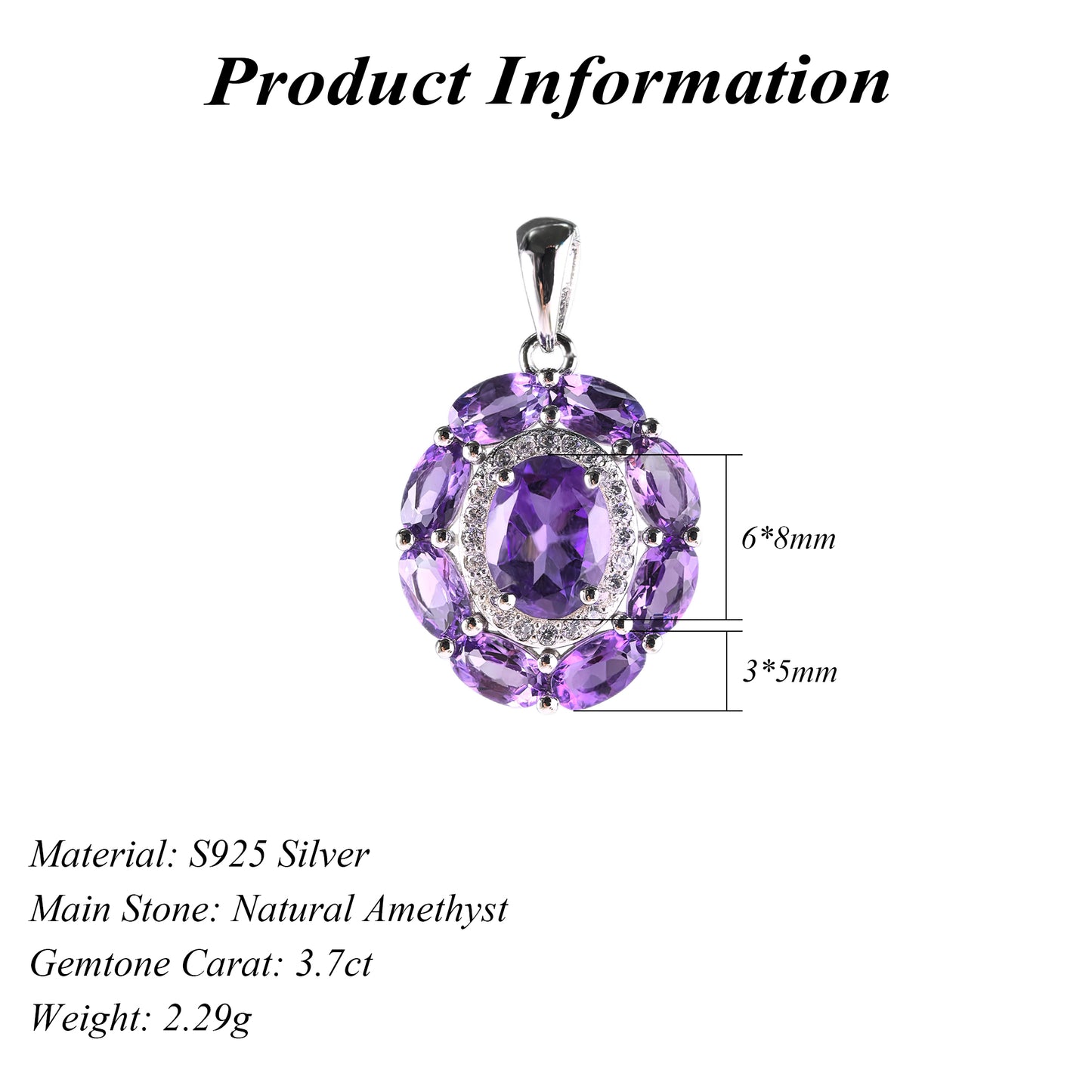 Classic Rhodium Plated 925 Sterling Silver Natural Amethyst Pendant
