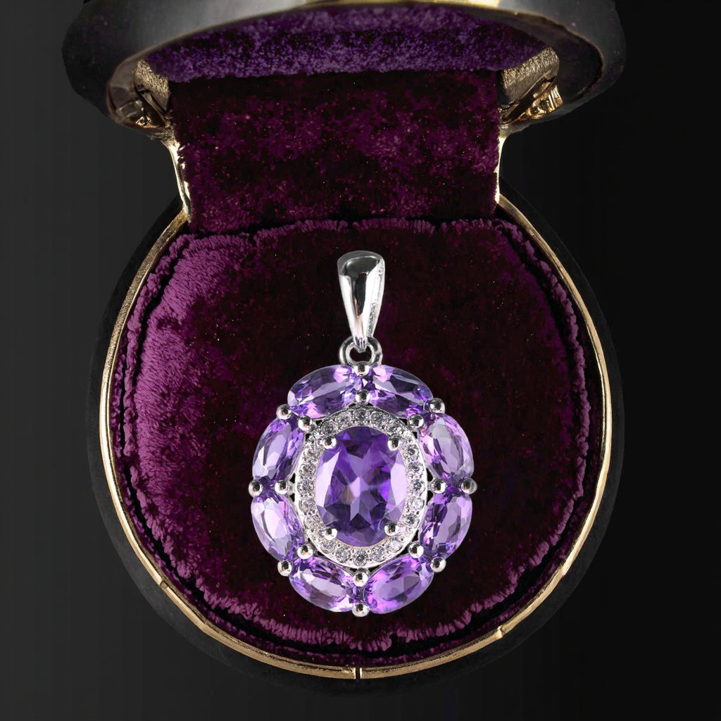 Classic Rhodium Plated 925 Sterling Silver Natural Amethyst Pendant