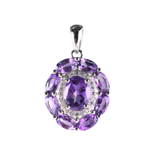Classic Rhodium Plated 925 Sterling Silver Natural Amethyst Pendant
