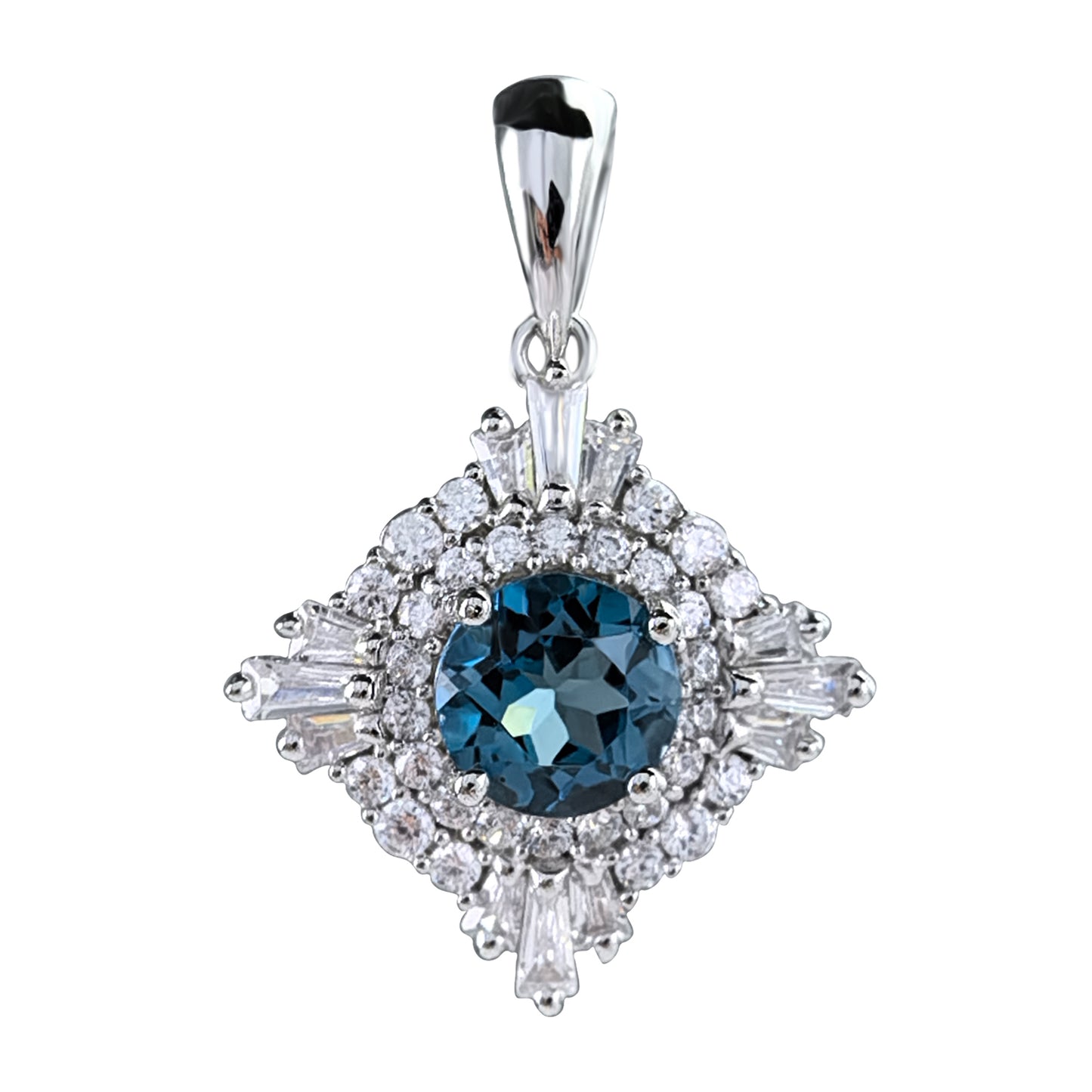 Gorgeous Rhodium Plated 925 Sterling Silver Natural London Blue Topaz Pendant