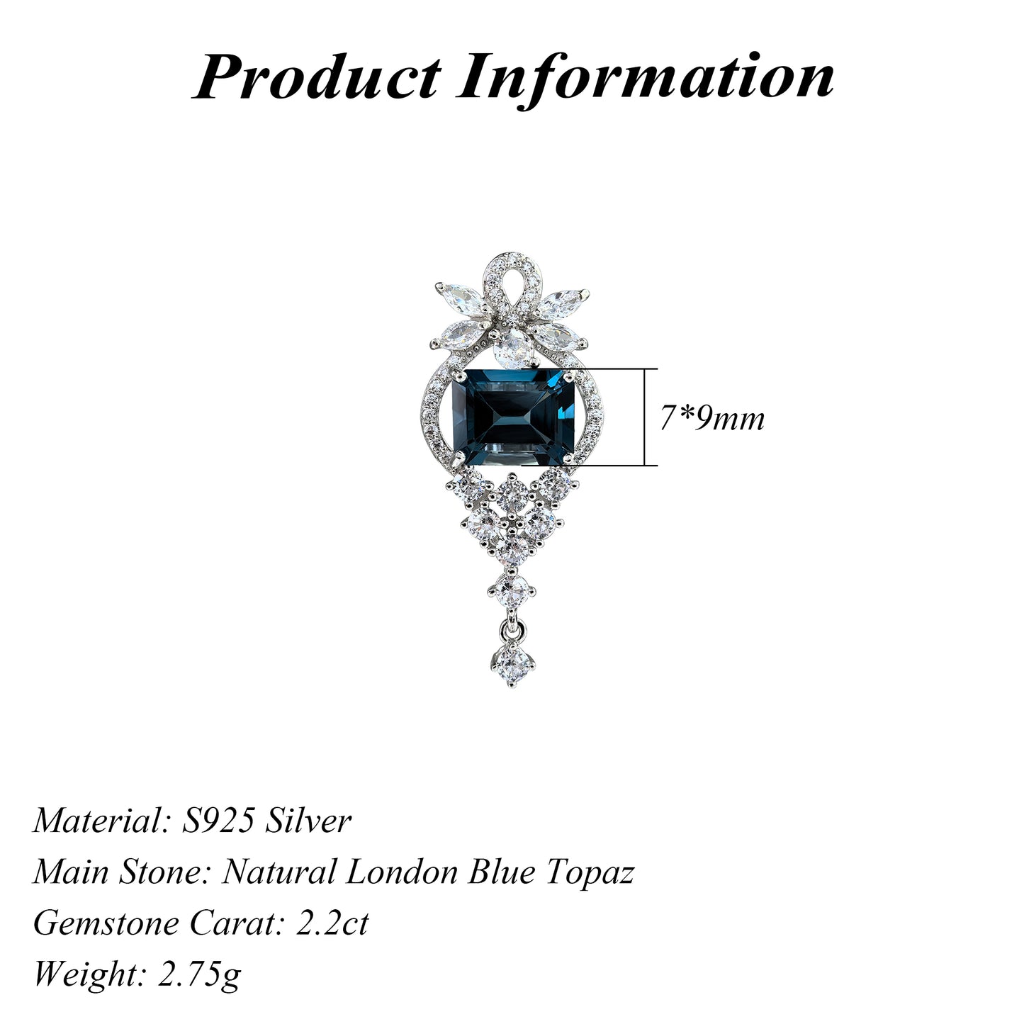 Graceful Rhodium Plated Silver 925 Jewelry Natural London Blue Topaz Pendant