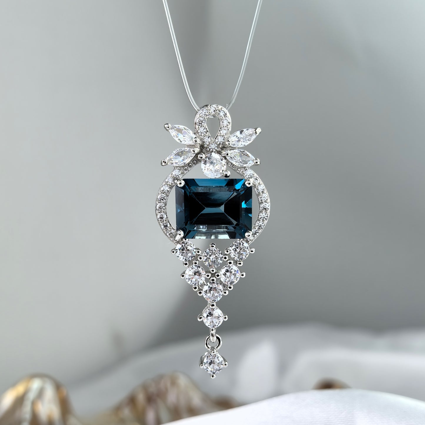 Graceful Rhodium Plated Silver 925 Jewelry Natural London Blue Topaz Pendant